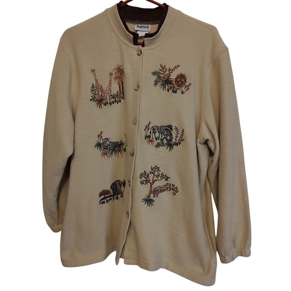 Bon Worth Tan Embroidered Wild Animals Long Sleeves Button Cardigan Size Large - Picture 1 of 12